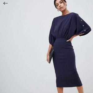 ASOS DESIGN Batwing popper sleeve Midi dress. Navy blue Size 4